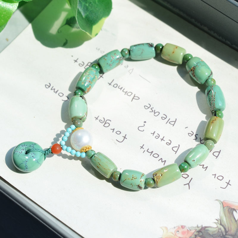 여성을위한 청록색 안전 버클 골동품 숲 스타일과 천연 크리스탈 광석 높은 도자기 녹색 청록색 배럴 비드 팔찌