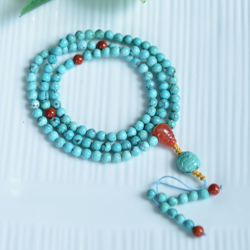 천연 크리스탈 광석 최적화되지 않은 청록색 청록색 108개 3원 팔찌 복고풍 우아한 여성 모델 4.8MM