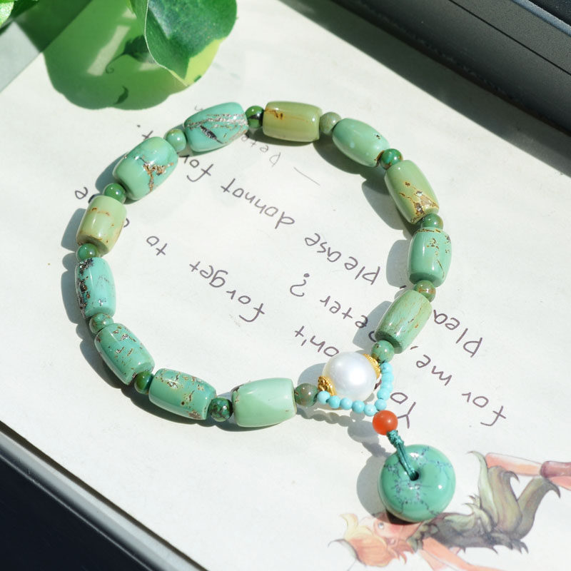 여성을위한 청록색 안전 버클 골동품 숲 스타일과 천연 크리스탈 광석 높은 도자기 녹색 청록색 배럴 비드 팔찌