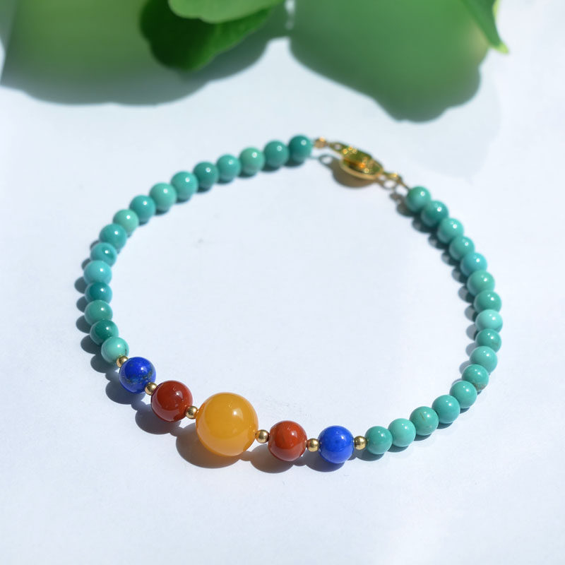 몇 줄의 청록색 청록색 팔찌 작은 입자 복고풍 이국적인 여성 모델 4.2MM와 천연 크리스탈 원시 광석 높은 도자기