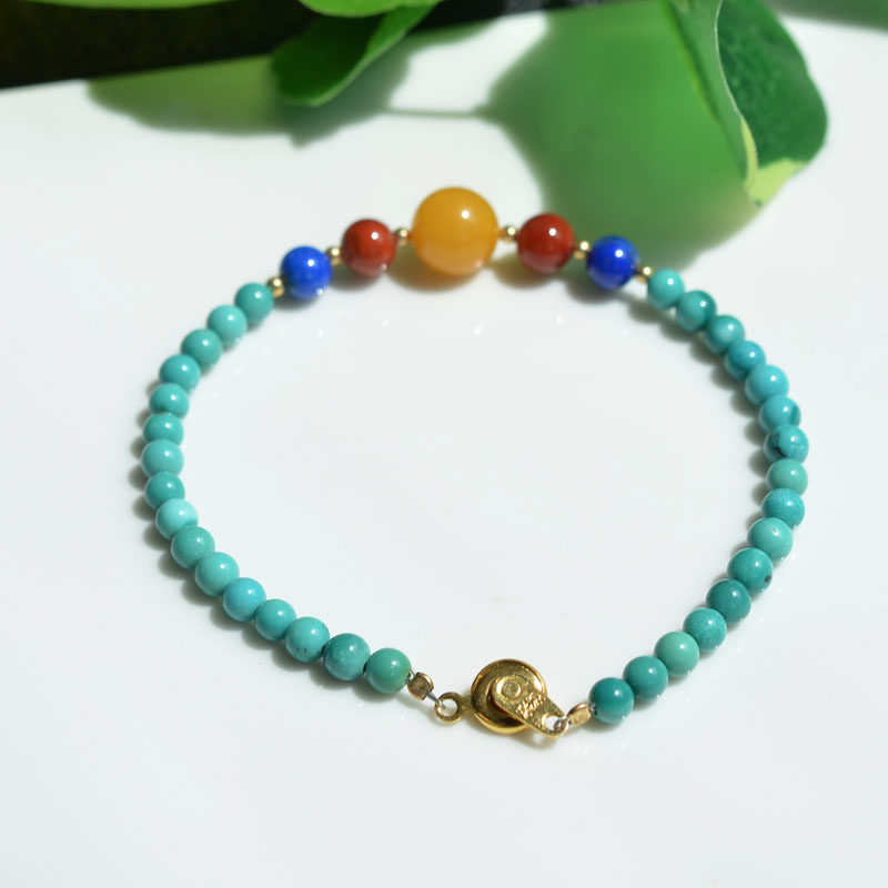 몇 줄의 청록색 청록색 팔찌 작은 입자 복고풍 이국적인 여성 모델 4.2MM와 천연 크리스탈 원시 광석 높은 도자기