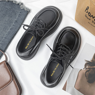 系带小皮鞋女英伦风圆头休闲鞋韩版百搭春秋季复古黑色松糕厚底鞋