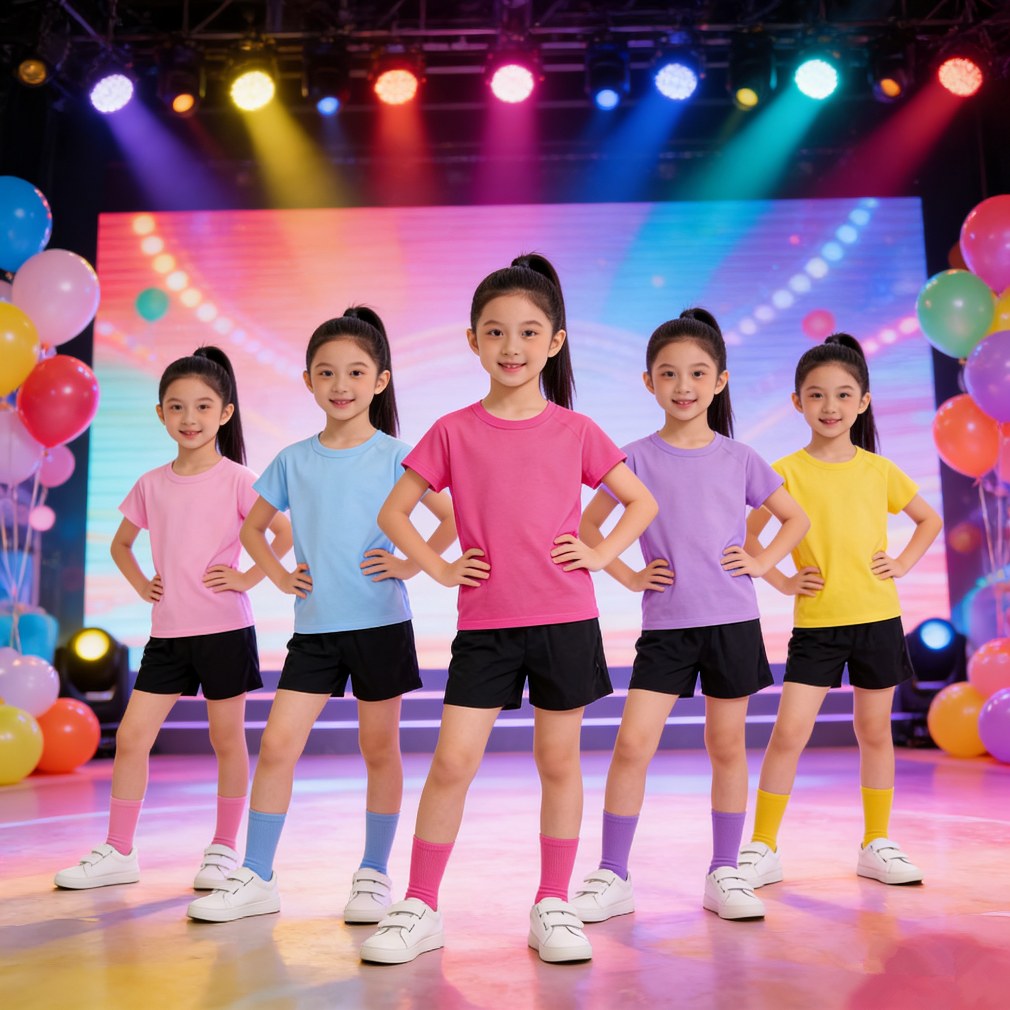 儿童纯棉T恤糖果色演出服少儿毕业短袖2035去台湾舞蹈服男女套装