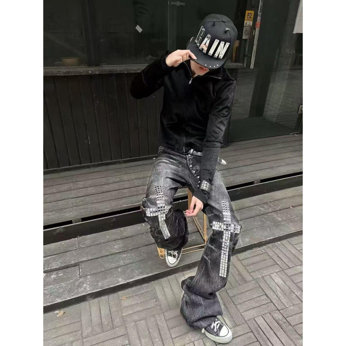 小鬼王琳凯同款原创设计数码印花3D打印裤链条印花直筒牛仔裤