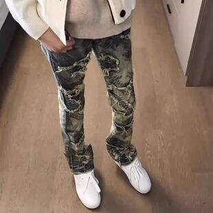 街头hiphop水洗双层高弹军绿色补丁重磅复古加长堆叠喇叭牛仔长裤