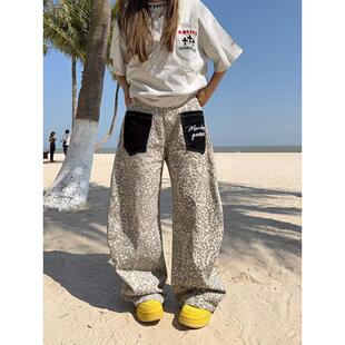 男女宽松街头阔腿弯刀休闲长裤 美式 复古豹纹贴布口袋牛仔裤