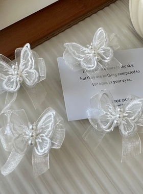 超仙白色网纱蝴蝶珍珠发夹侧边编发头饰品少女森系仙气蝴蝶结发卡