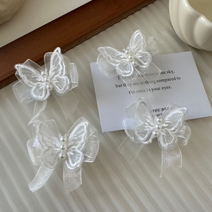 超仙白色网纱蝴蝶珍珠发夹侧边编发头饰品少女森系仙气蝴蝶结发卡