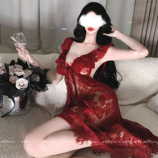 【柔欲】性感炮紧身衣裙蕾丝睡裙大码180斤狐狸精一扯就开的睡衣