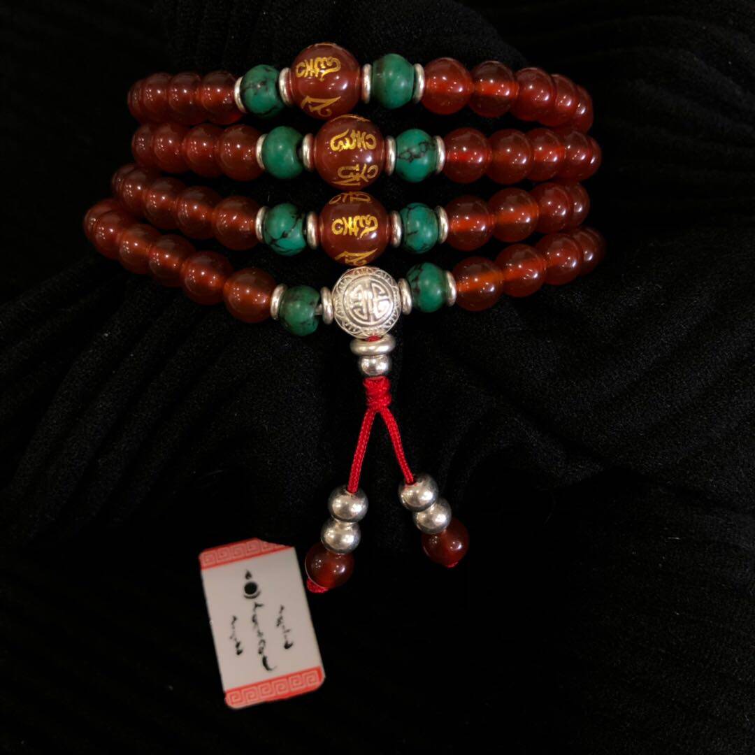 925纯银8mm红玛瑙108颗手工串珠佛珠蒙族项链手链玛瑙念珠蒙元素