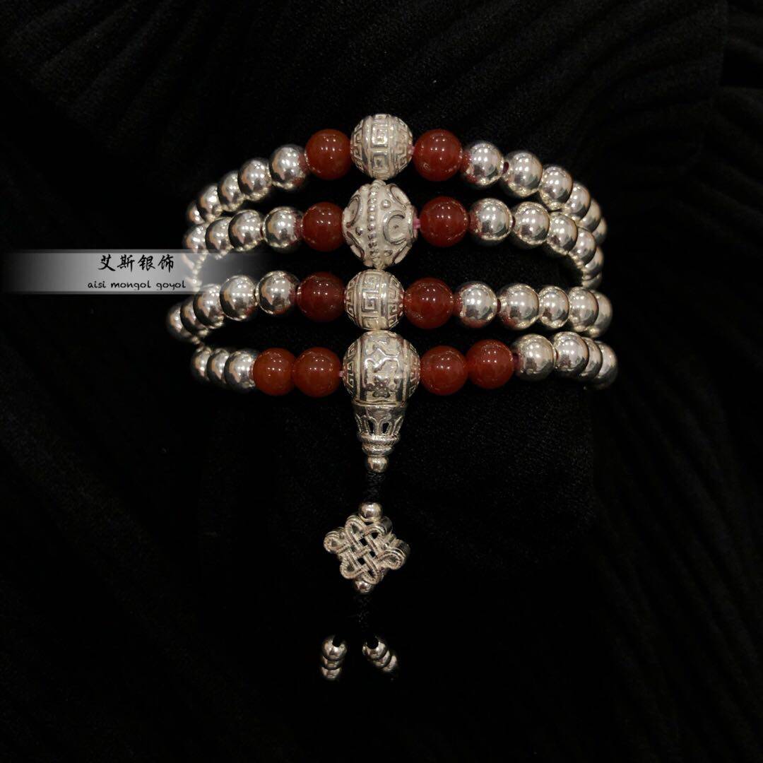 990足银6mm银珠108颗佛珠串珠手链纯银念珠蒙古银饰藏族饰品女士