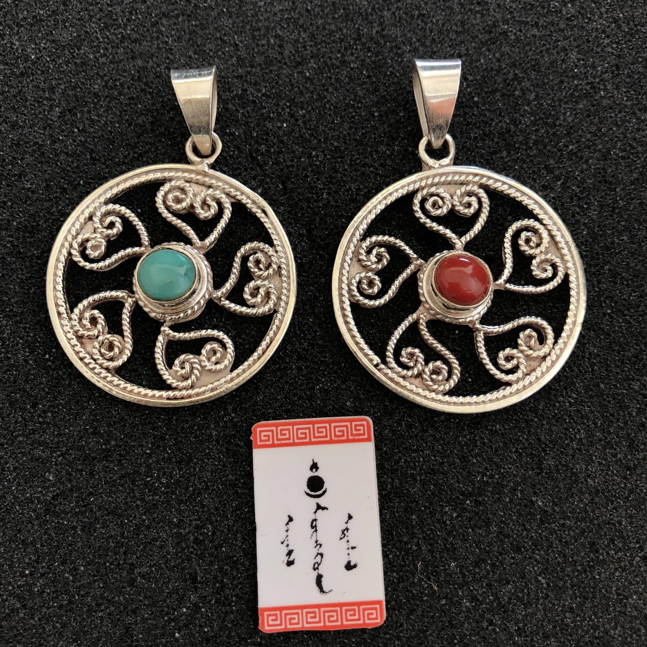 尼泊尔进口纯手工制作镂空花纹松石吊坠925纯银民族风项坠蒙古银