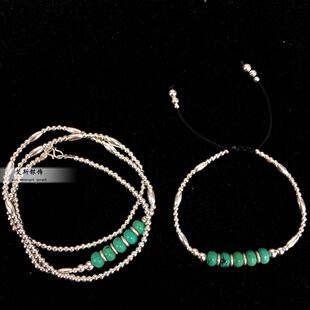 990足银银珠绿松石手链项链蒙古元素简约两件套艾斯银饰藏族饰品