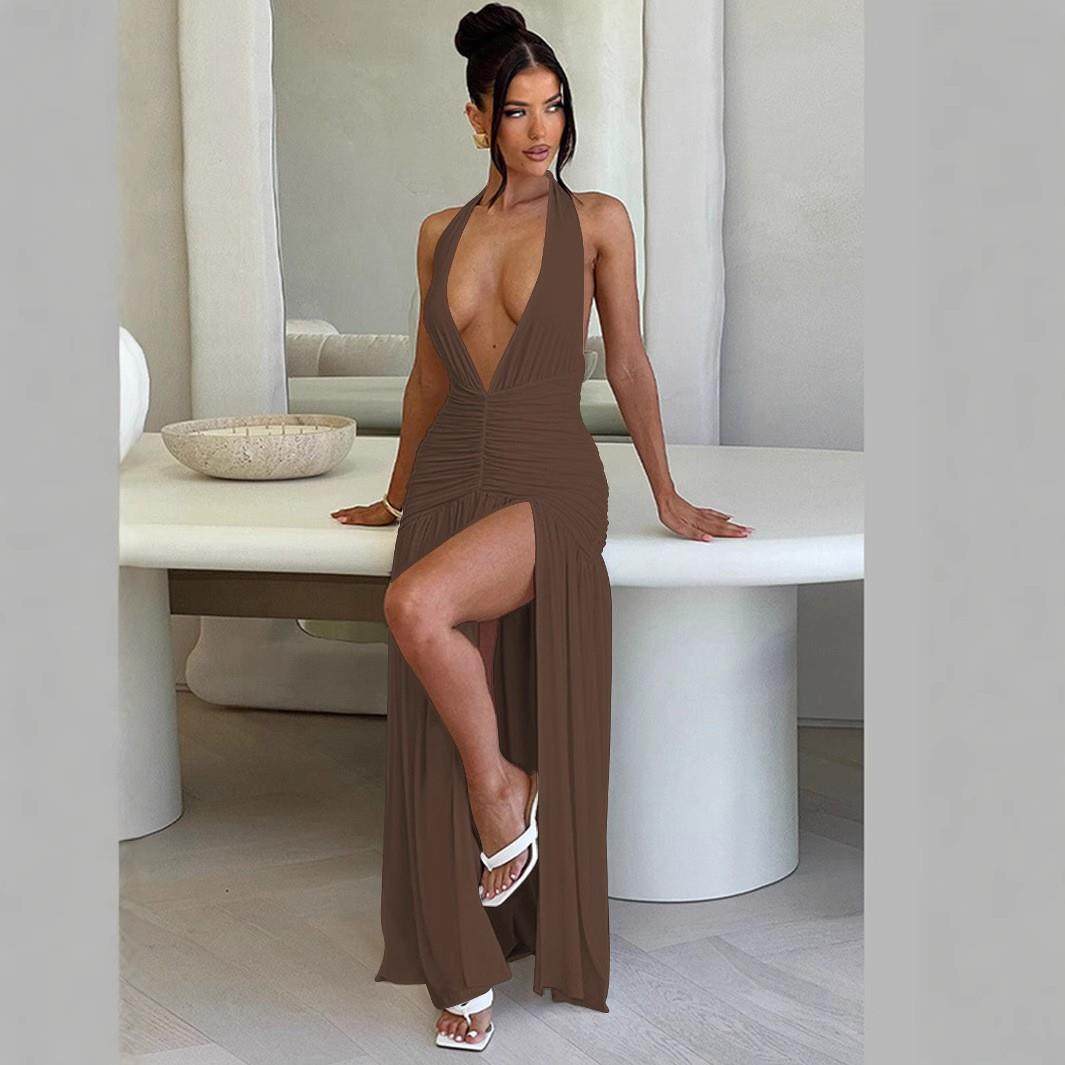 Sexy backless V-neck lace-up dress with pleated side slits