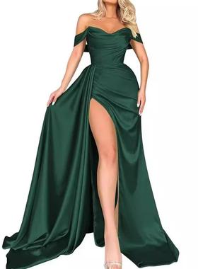 modest off-shoulder satin pleated evening dress sexy