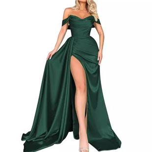 satin shoulder pleated evening sexy modest dress off