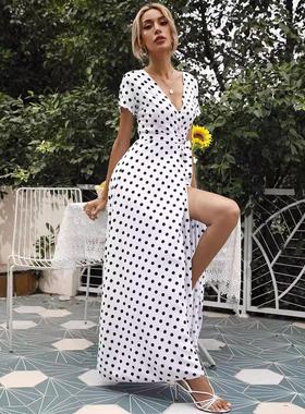 women polka high split dress summer sexy beach boho sashes