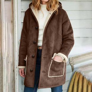 suede sleeve solid long Womens ladies hooded color jacket