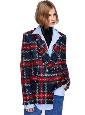 notched jacket collar outwear plaid ladies office coats