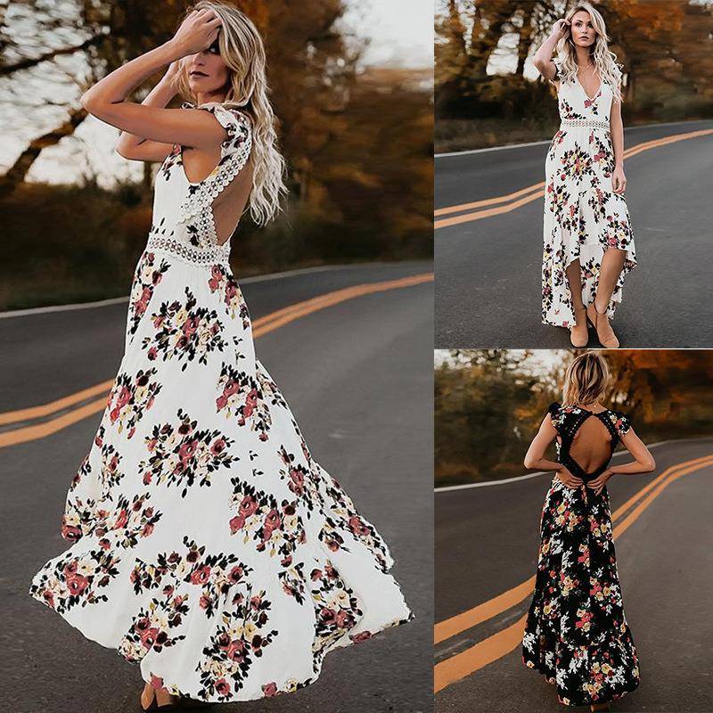 Womens V-neck sleeveless floral swing irregular swallowtail