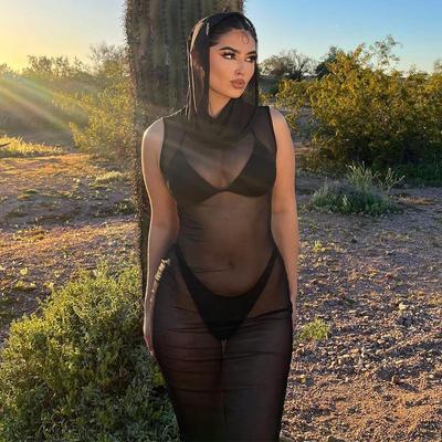 Dress See-Through Mesh Sexy Dress Maxi Hooded Sleeveless