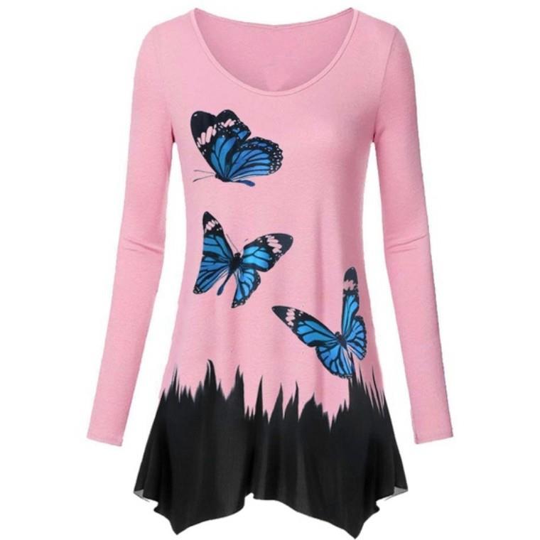 Autumn plus size womens butterfly T-shirt long sleeve top