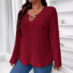 Solid Color Plus Size Womens Elegant Tops V Neck Long