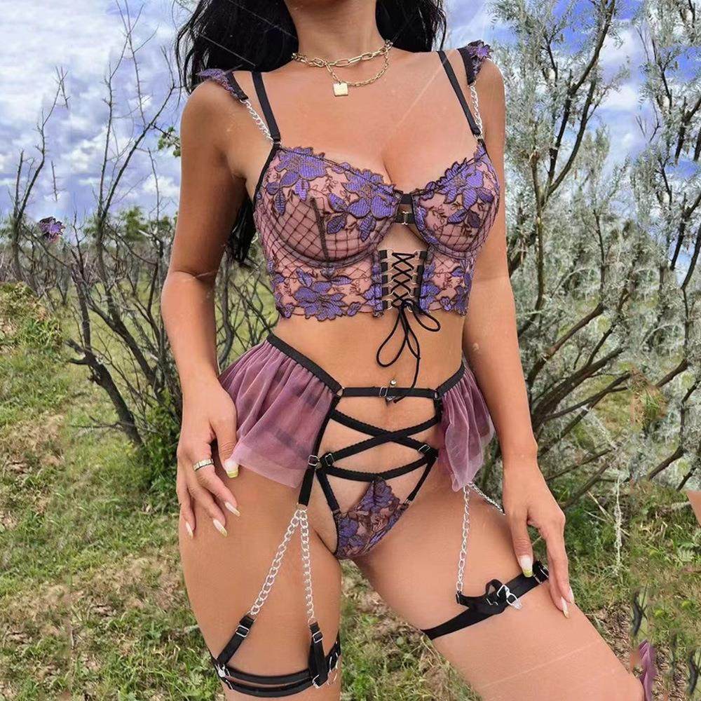 Garter Womens Underwear Floral Mesh Set Bra Embroidered