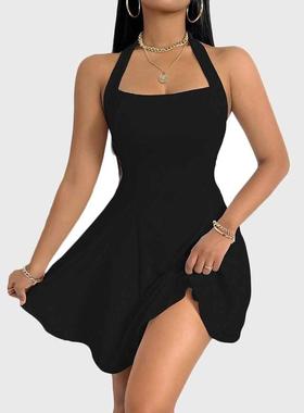 Black sexy womens halter neck dress umbrella skirt dress