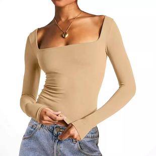 square solid navel Womens neck tops baring sleeve color