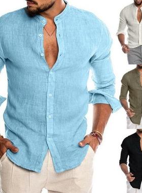 mens cardigan Mens linen shirt sleeve stand color solid