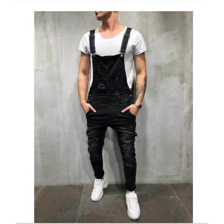 Fashion mens suspenders denim rompers ripped jeans trousers