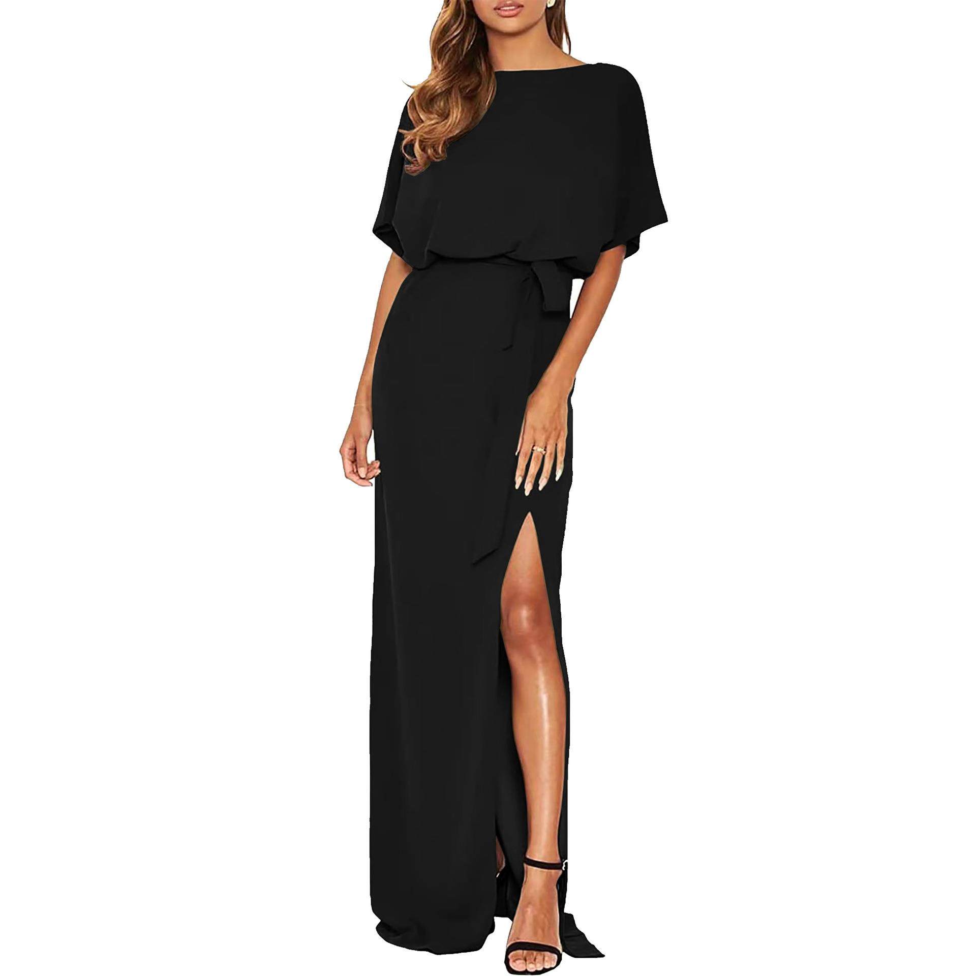Short-sleeved tie-neck long dress with slits