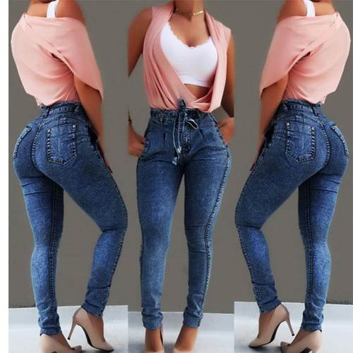 women jeans waist high belt tassel elastic fit slim jeans
