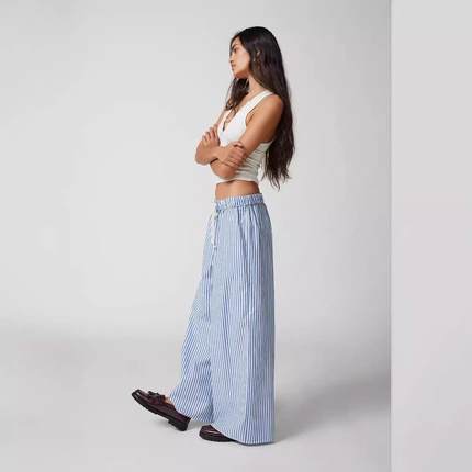 wide print leg womens trousers pull-on elastic striped