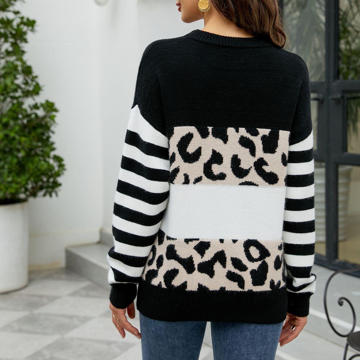 neck color leopard sweater round striped loose Contrast