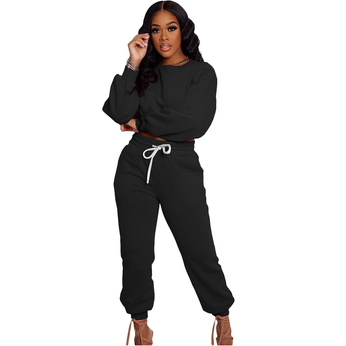 Fashion womens solid color sports casual trousers two-piece
