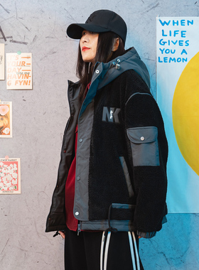 2025酷黑复古脉冲风仿羊羔毛潮牌棒球服连帽棉外套男女宽松羊羔绒