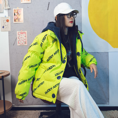 25冬装复古脉冲风潮牌假两件全字母棉外套男女宽松大码连帽棉服