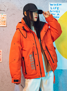 2025冬装潮牌橙色口袋字母背带式羽绒服鸭绒外套男女宽松大码情侣