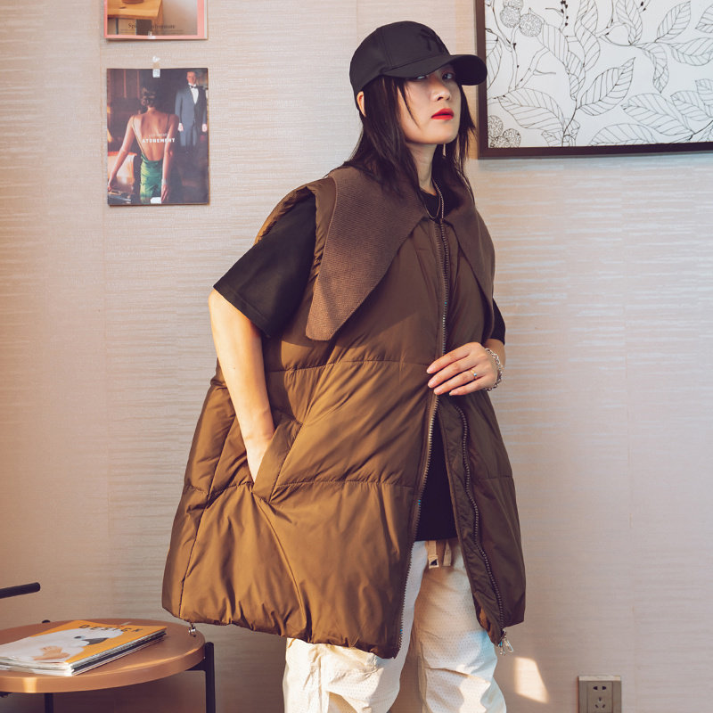 温暖围巾领中长款大码白鸭绒马甲