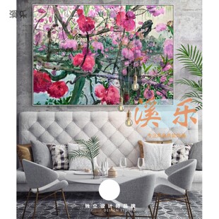 溪乐新款周春芽桃花装饰画客厅餐厅现代当代艺术卧室挂画卧室挂画