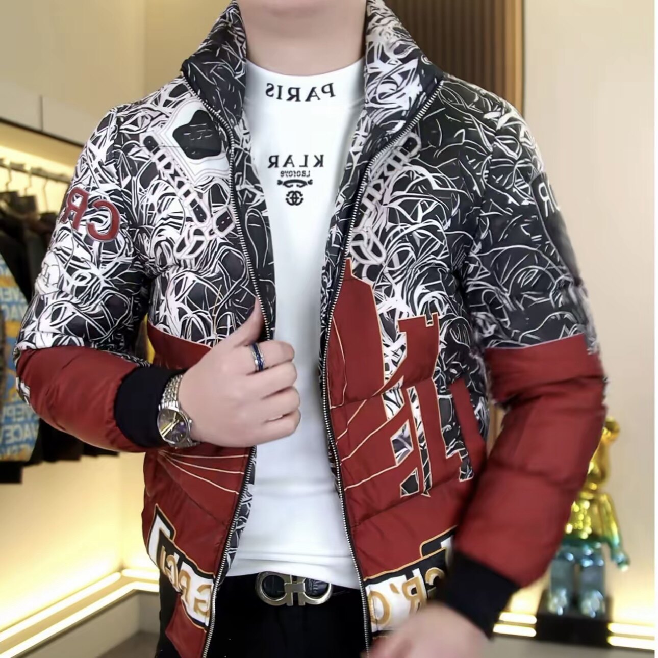 欧货冬季新款男士立领拉链拼色羽绒服时尚修身百搭型男个性上衣男