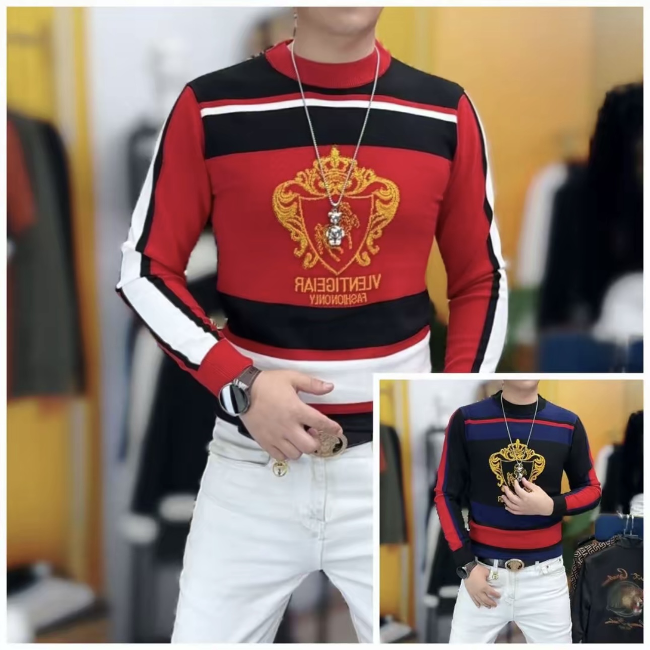 欧货冬季新款男士圆领针织提花长袖毛衣时尚潮流百搭修身弹力上衣