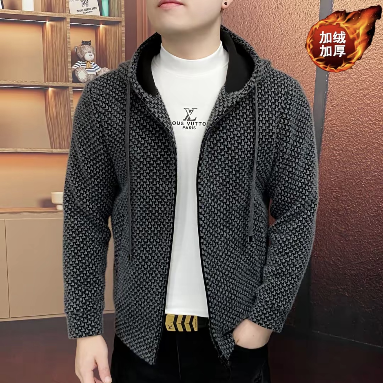 欧货冬季新款男士提花连帽拉链加绒加厚外套时尚修身百搭型男上衣