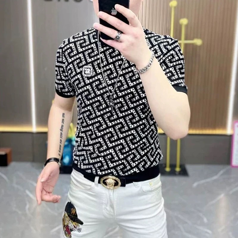 欧货夏季新款男士冰丝短袖T恤时尚圆领修身提花潮流时尚上衣男装