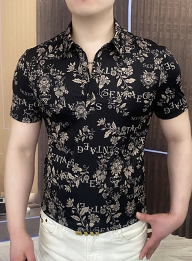 网红欧货夏季新款男士冰丝印花短袖T恤时尚翻领修身港风polo短袖