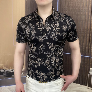 冰丝印花短袖 男士 T恤时尚 翻领修身 网红欧货夏季 港风polo短袖 新款