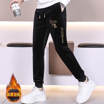 欧货冬季新款男士金丝绒加绒刺绣字母卫裤时尚修身保暖百搭长裤男