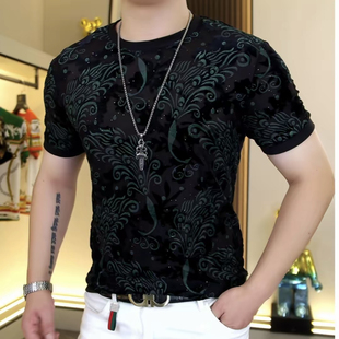 欧货夏季新款男士圆领植绒雕花短袖T恤时尚修身弹力型男修身上衣